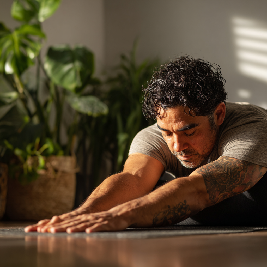 Persona practicando yoga en un ambiente luminoso y tranquilo